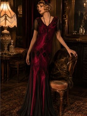 Burgundy and Black Art Deco Maxi Dress
